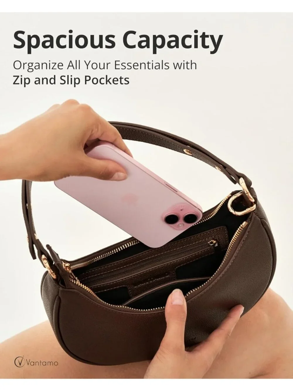 Vantamo Women's Bag Brown Half Moon Clutch with Anti-Theft Clip for Extra Safety